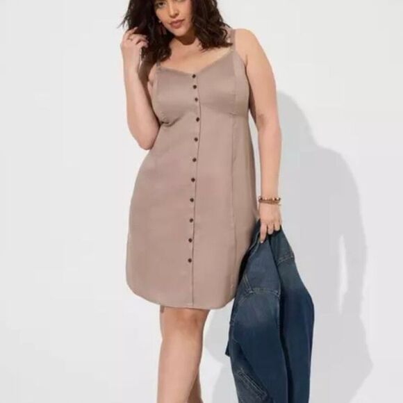 Torrid Mini Linen Button Up Fit Waist Sleeveless Dress Natural Beige Women 1X - Picture 8 of 9